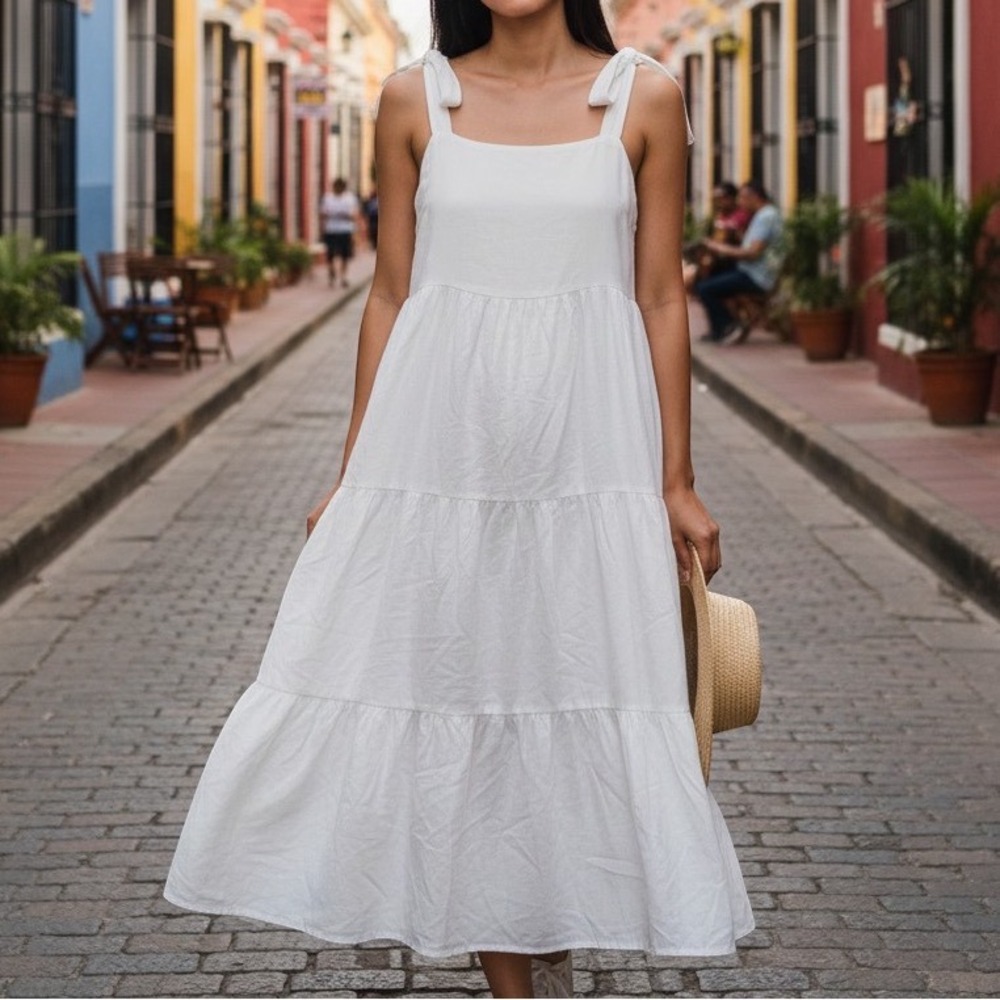 Label of Love White Star Jacquard Tiered Tie Shoulder Midi Dress‎ Size Medium